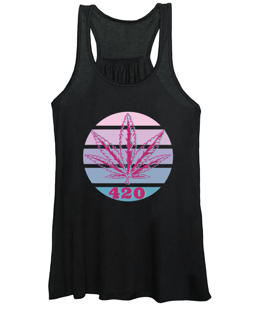 Vaporwave Women's Tank Top featuring the digital art Glitched 420 Hemp Leaf Retro Style by Me