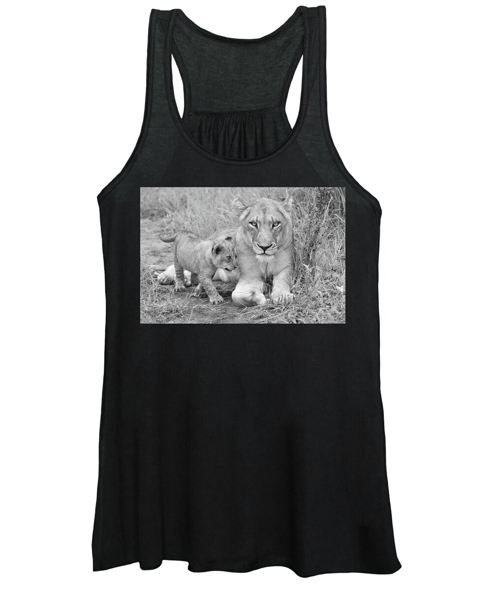 Lion Women's Tank Top featuring the photograph Guardian in Black and White by Rebecca Herranen