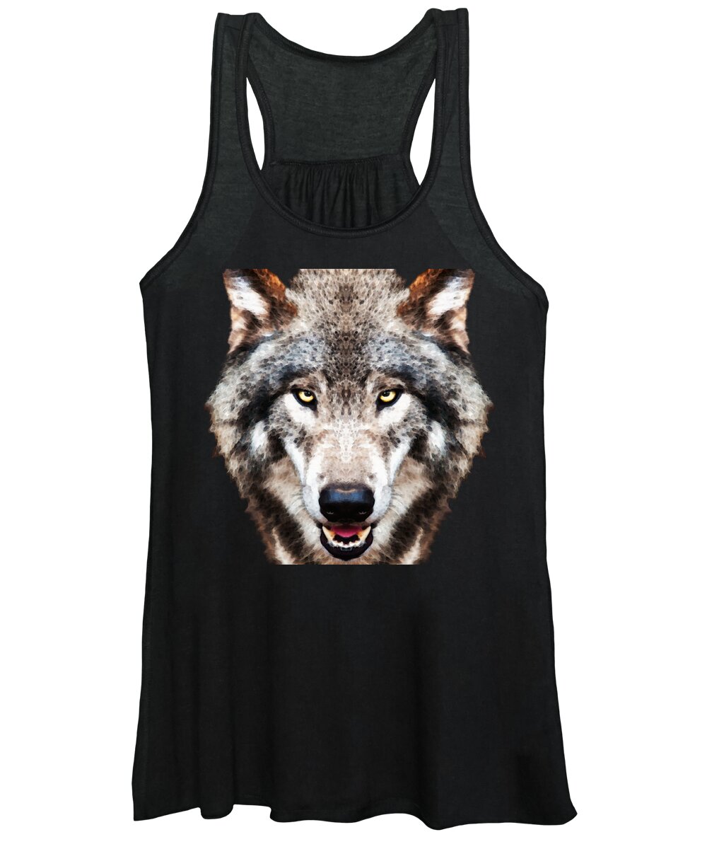Wolf Women's Tank Top featuring the painting Hunger Full Face Wolf Art by Sharon Cummings