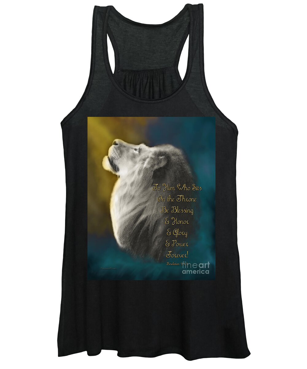 Lion; Judah; Worship; Prophetic; Revelation; Jesus; Christ; Throne; Adoration; Praise; Father; Abba; Lion Of Judah Art Women's Tank Top featuring the painting Lion On The Throne in Aqua by Constance Woods