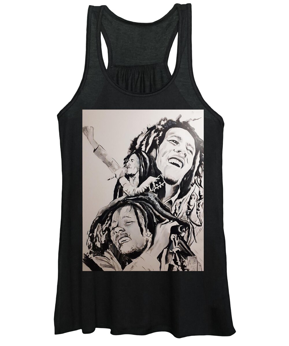 Bob Marley Wailer Black And White Women's Tank Top featuring the painting Marleyx3 Clean by Femme Blaicasso