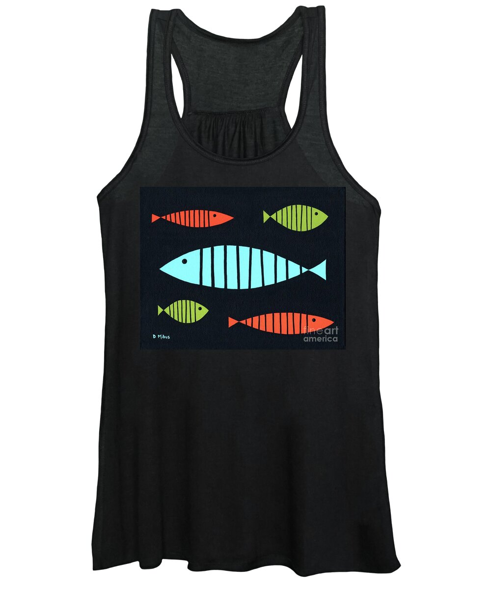 Mid Century Modern Women's Tank Top featuring the painting Mid Century Modern Blue, Orange and Green Fish by Donna Mibus