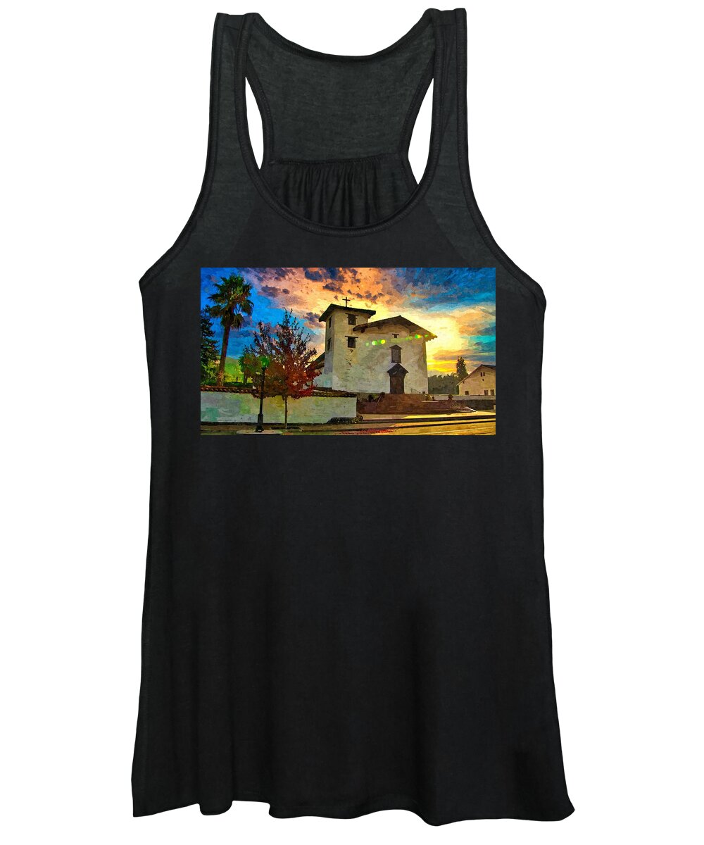 Mission San Jose Women's Tank Top featuring the digital art Mission San Jose in Fremont, California - watercolor painting by Nicko Prints