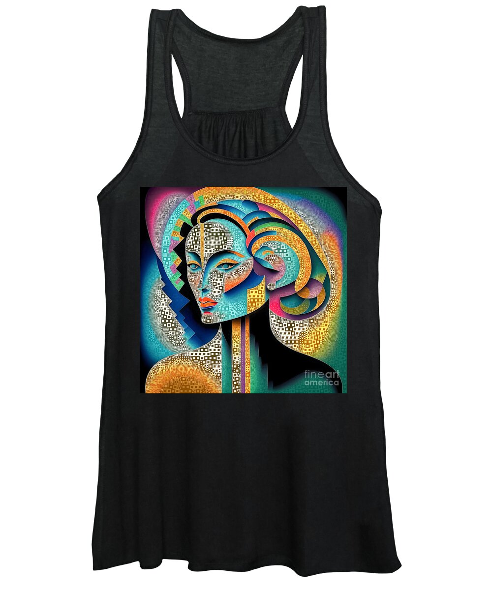 Abstract Women's Tank Top featuring the digital art Mosaic Art Deco Abstract Portrait - 01490 by Philip Preston