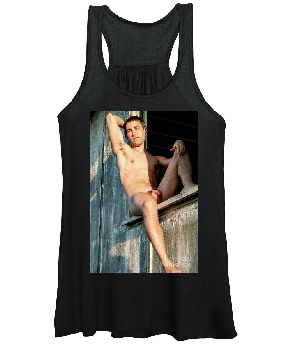 Male Art Women's Tank Top featuring the photograph Naked farmboy rest on a window sill by Gunther Allen