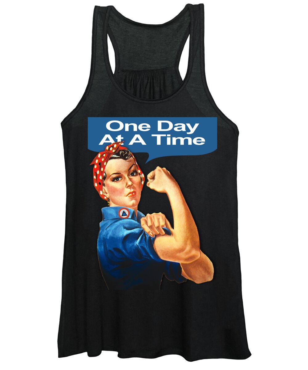 Sobriety Women's Tank Top featuring the painting One Day At A Time AA NA Sober Sunrise Tee Tees T-Shirt Rosie The Riveter by Tony Rubino