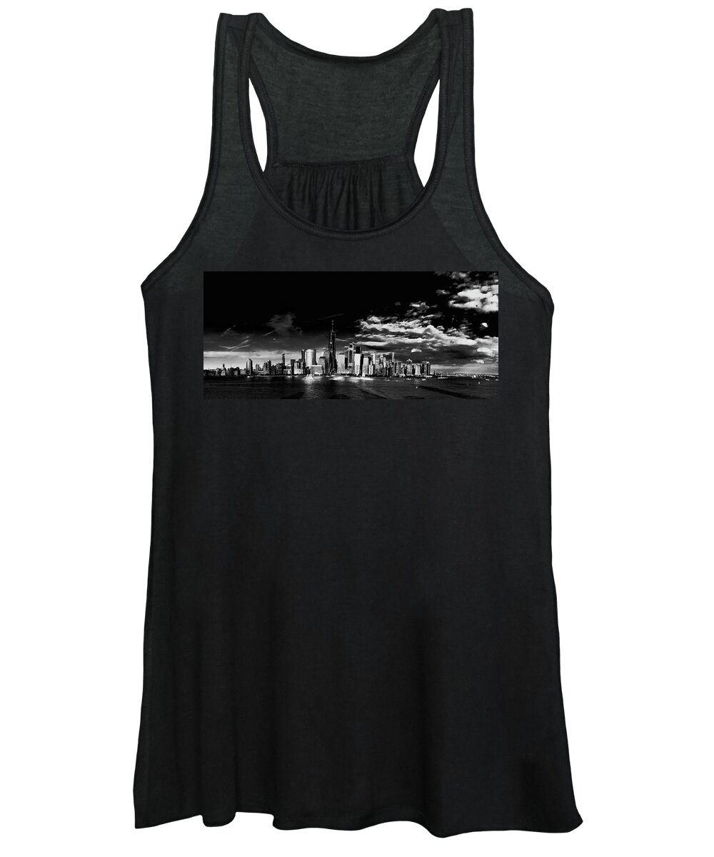 Black And White Women's Tank Top featuring the photograph Lower Manhattan skyline in black and white. Panorama. by Alina Oswald
