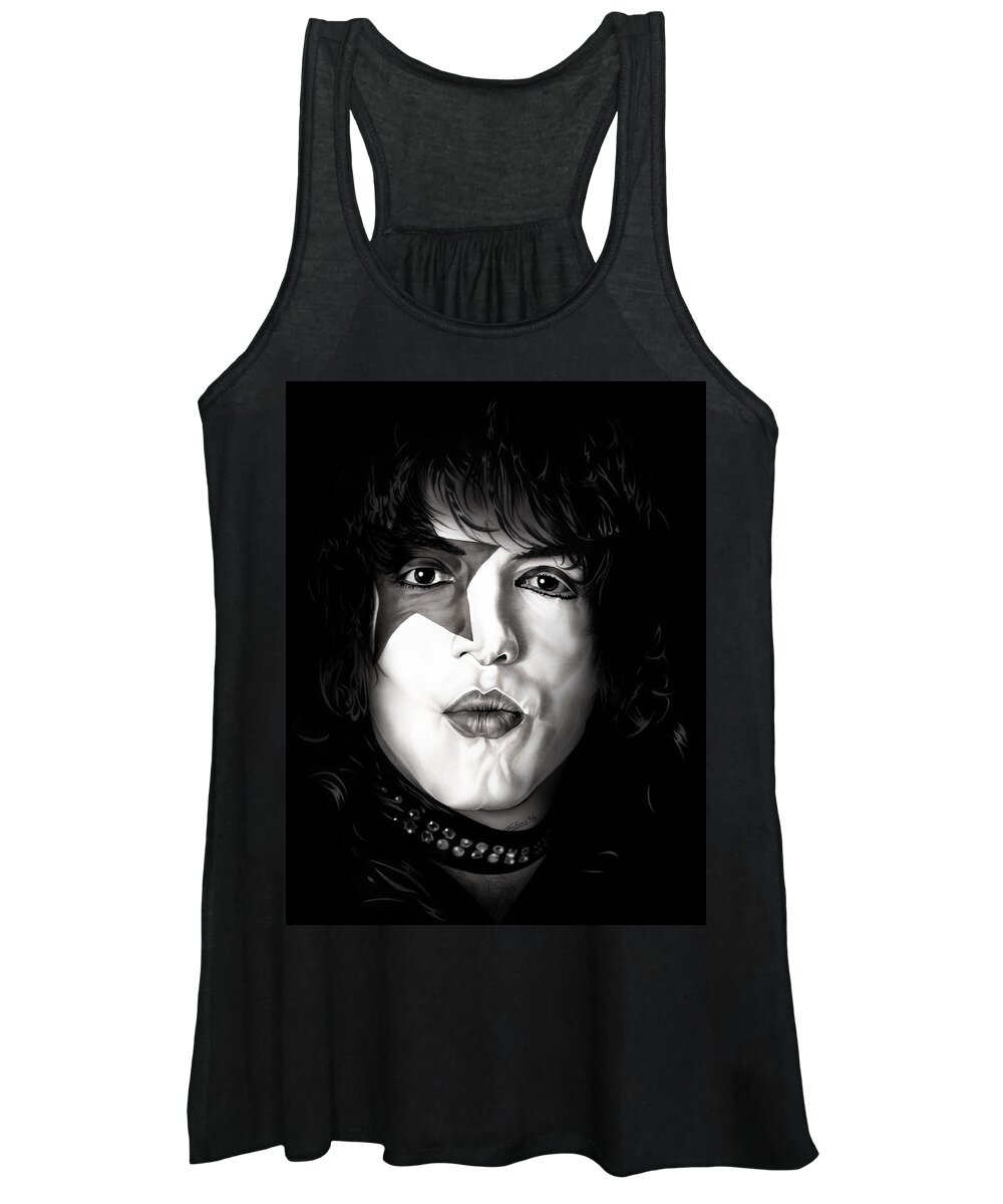 Kiss Women's Tank Top featuring the drawing Paul Stanley - KISS - Black and White Edition by Fred Larucci