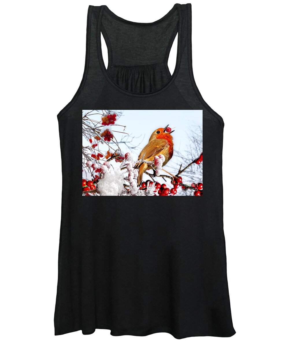 Robin Women's Tank Top featuring the mixed media Robin and Berries in Snow by Morag Bates