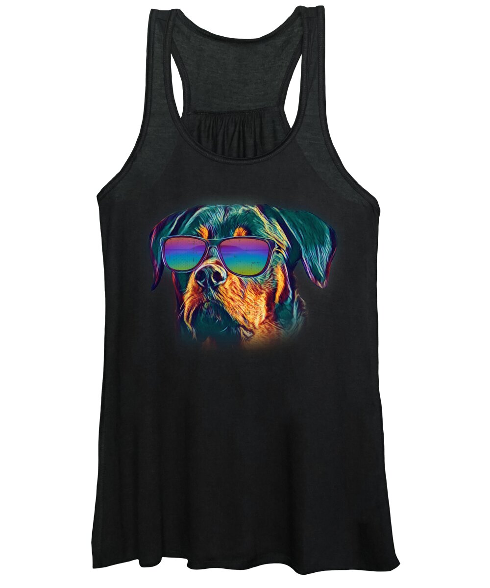 Dog Women's Tank Top featuring the digital art Rottweiler Colorful Neon Dog Sunglasses by Jacob Zelazny