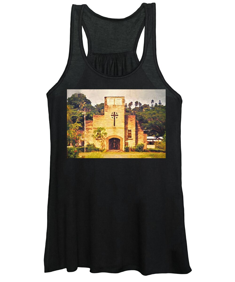 Gizo Women's Tank Top featuring the mixed media St Peter's Cathedral in Gizo by Joan Stratton