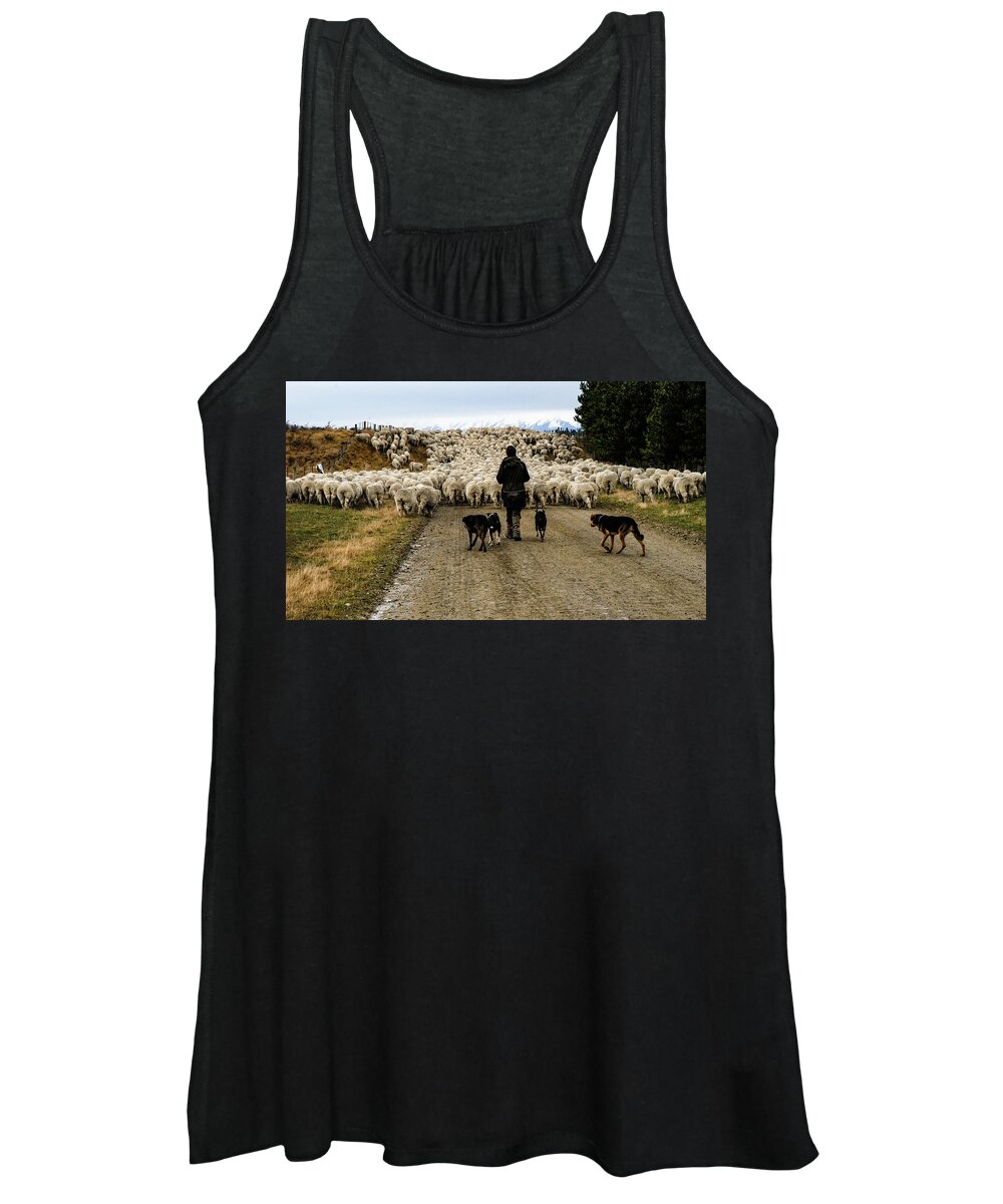 New Zealand Women's Tank Top featuring the photograph While Shepherds Watched - High Country Muster, South Island, New Zealand by Earth And Spirit