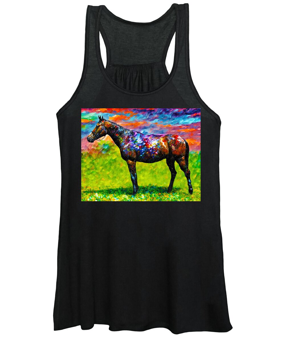 Thoroughbred Women's Tank Top featuring the digital art Thoroughbred horse on a pasture - colorful abstract painting by Nicko Prints