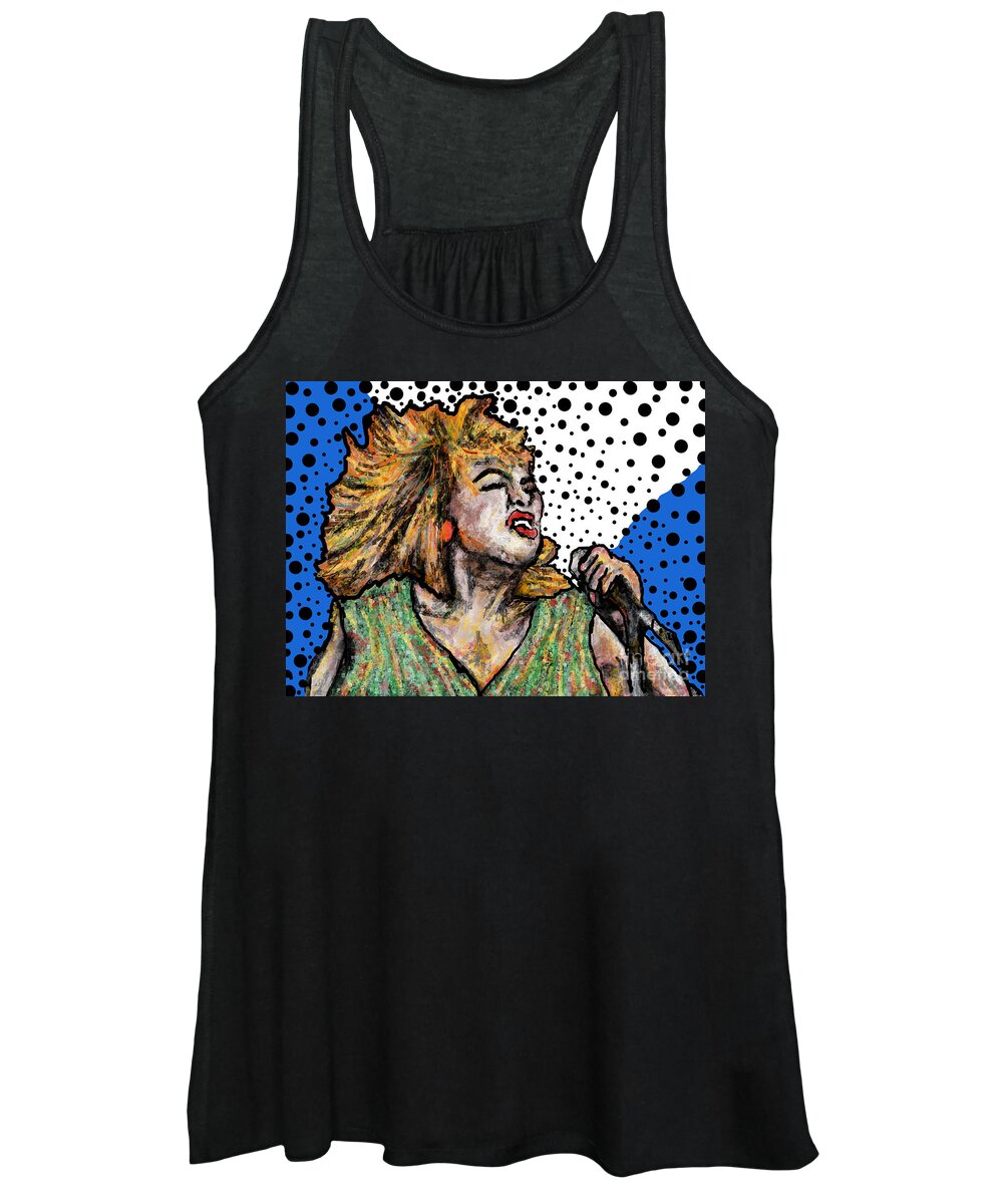 Tina Turner Rock Music Musican Icon Star Celebrity Abstract Lobby Office Mixed Media Digital Blue White Portrait Women's Tank Top featuring the painting Tina Turner by Bradley Boug
