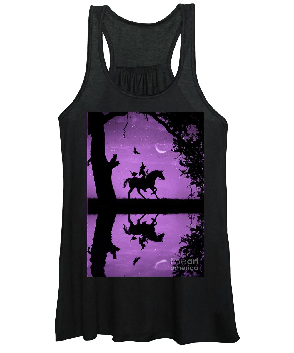 Halloween Women's Tank Top featuring the photograph Witch Ravens Unicorn Oak Cat and Crescent Moon Fantasy Fun Halloween by Stephanie Laird