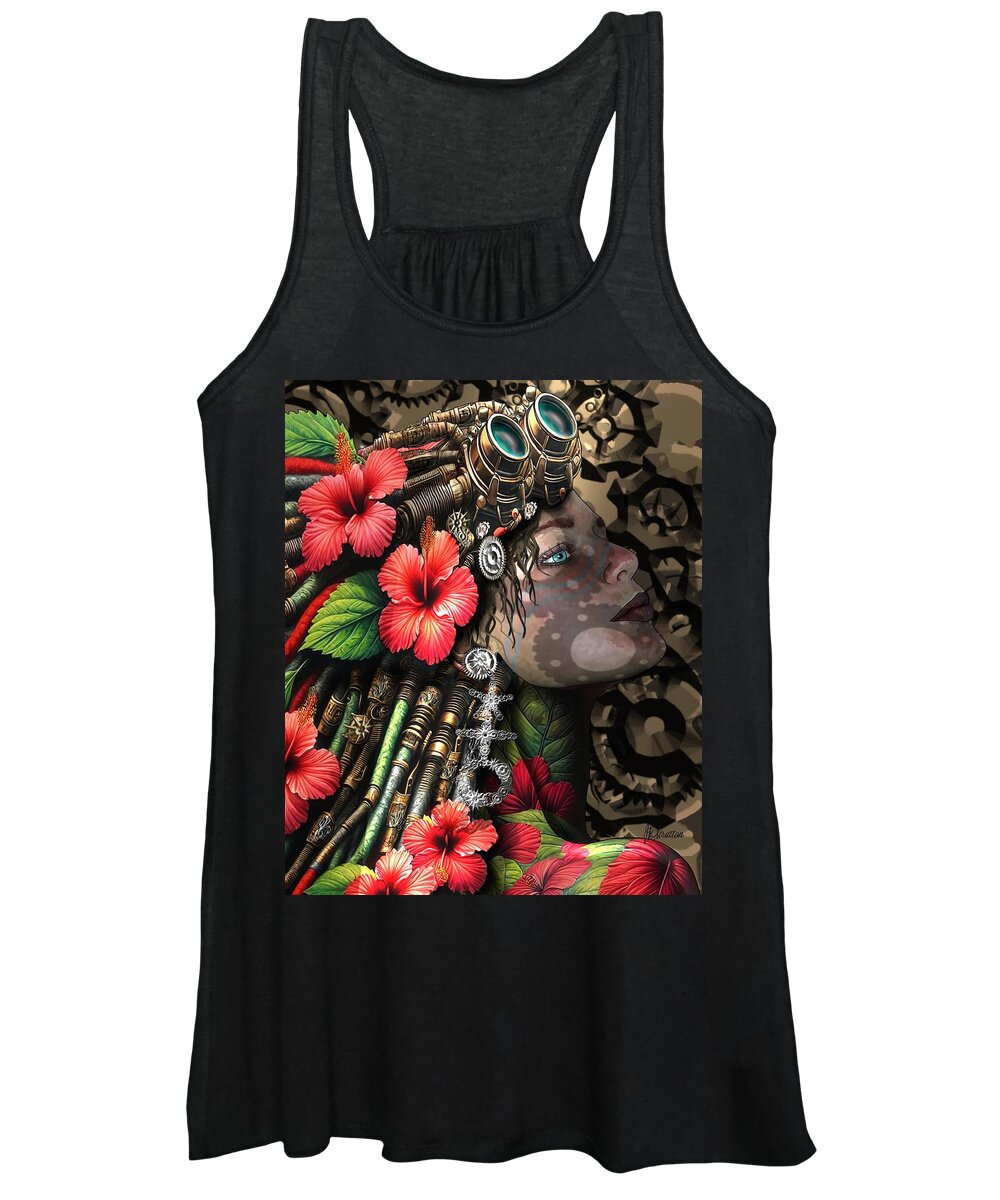 Steampunk Women's Tank Top featuring the drawing Woman Dreadlocks And Red Hibiscus Flowers by Joan Stratton