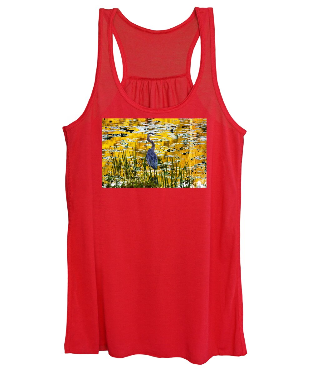 Blue Heron Women's Tank Top featuring the photograph Blue Heron In A Golden Pond by Marina Kojukhova