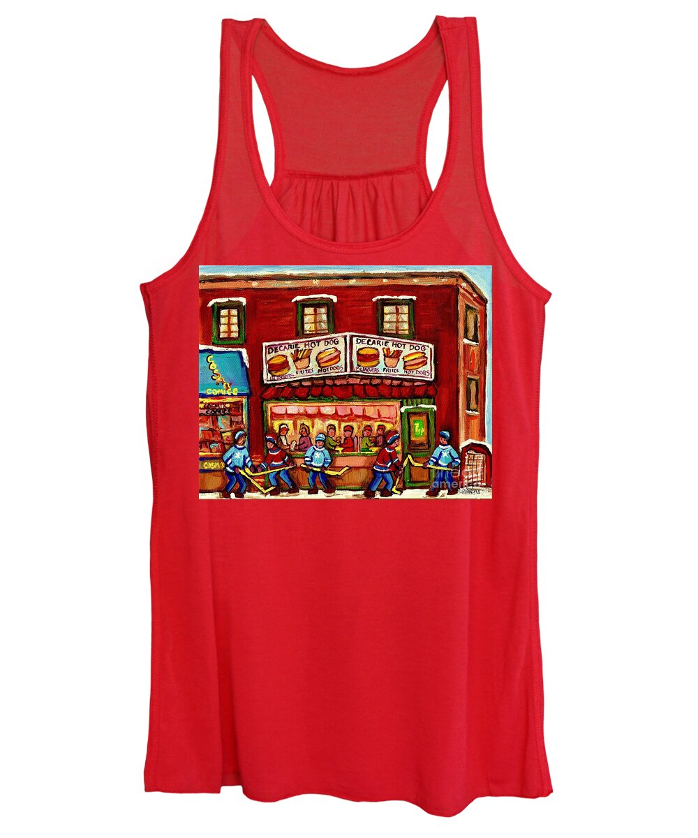 Montreal Women's Tank Top featuring the painting Decarie Hot Dog Restaurant Cosmix Comic Store Montreal Paintings Hockey Art Winter Scenes C Spandau by Carole Spandau