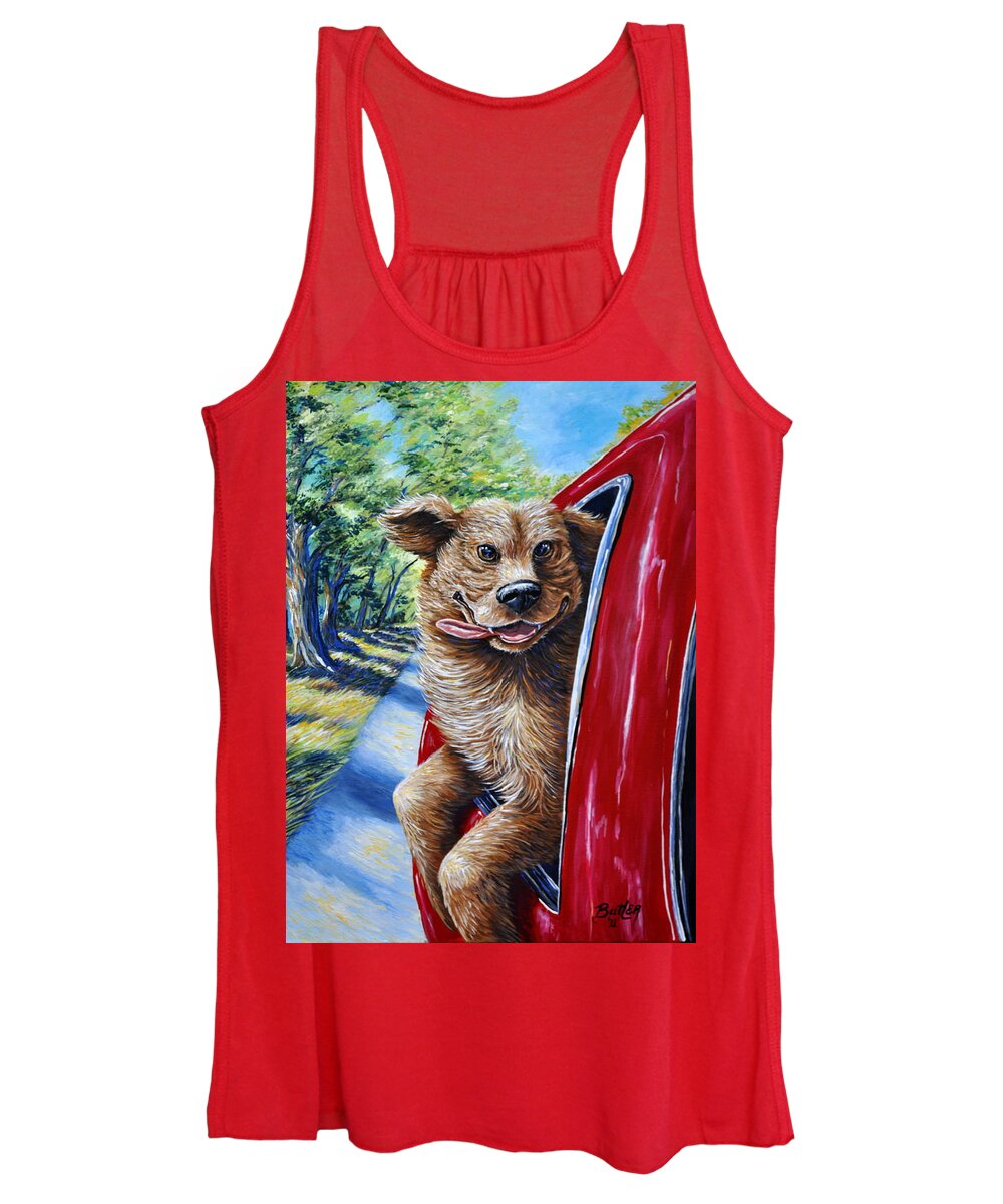 Animal Dog Car Pet Happy Ride Country Art Red Companion Friend Women's Tank Top featuring the painting Dog...Gone Happy by Gail Butler