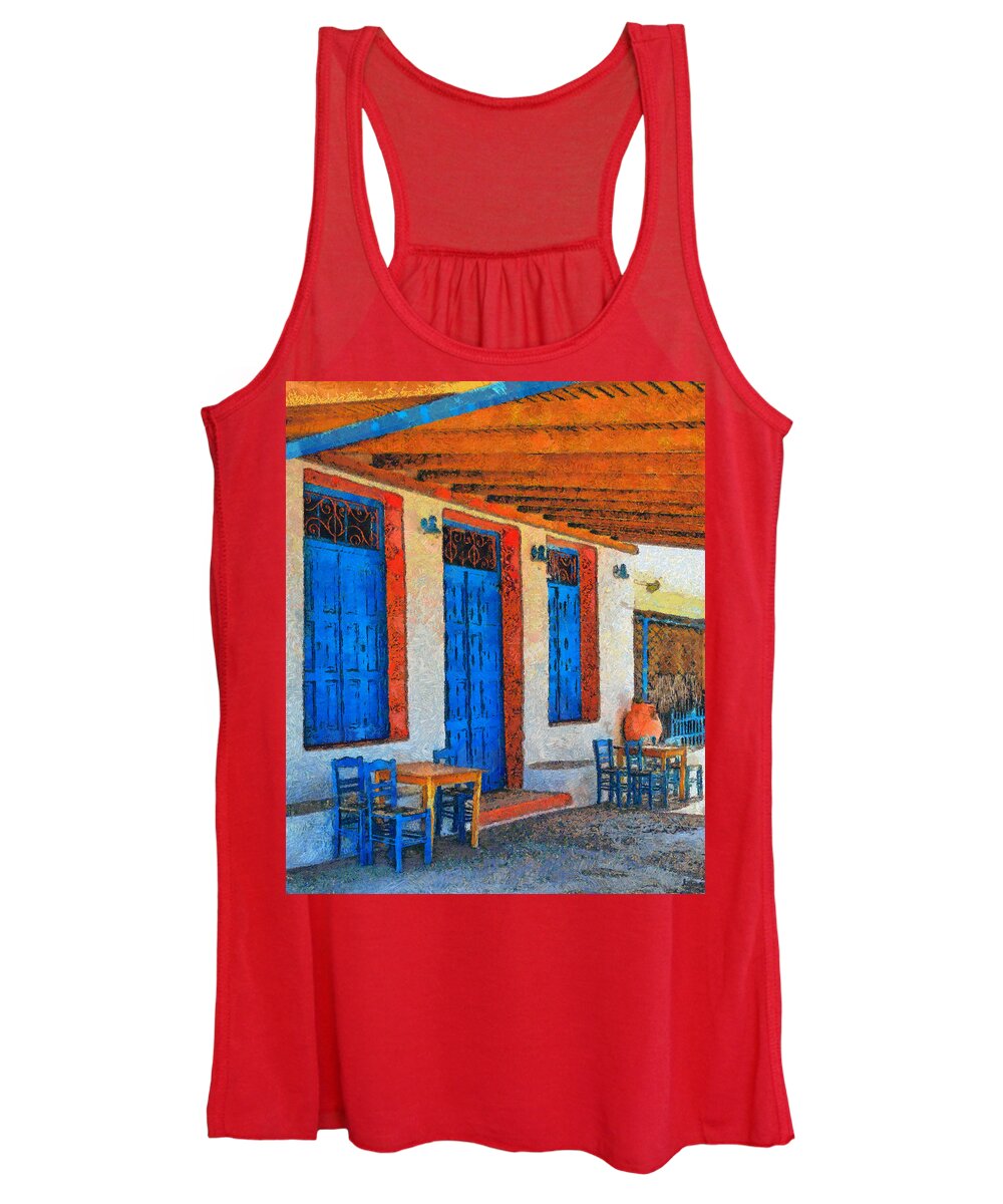 Rossidis Women's Tank Top featuring the painting Greek cafe by George Rossidis