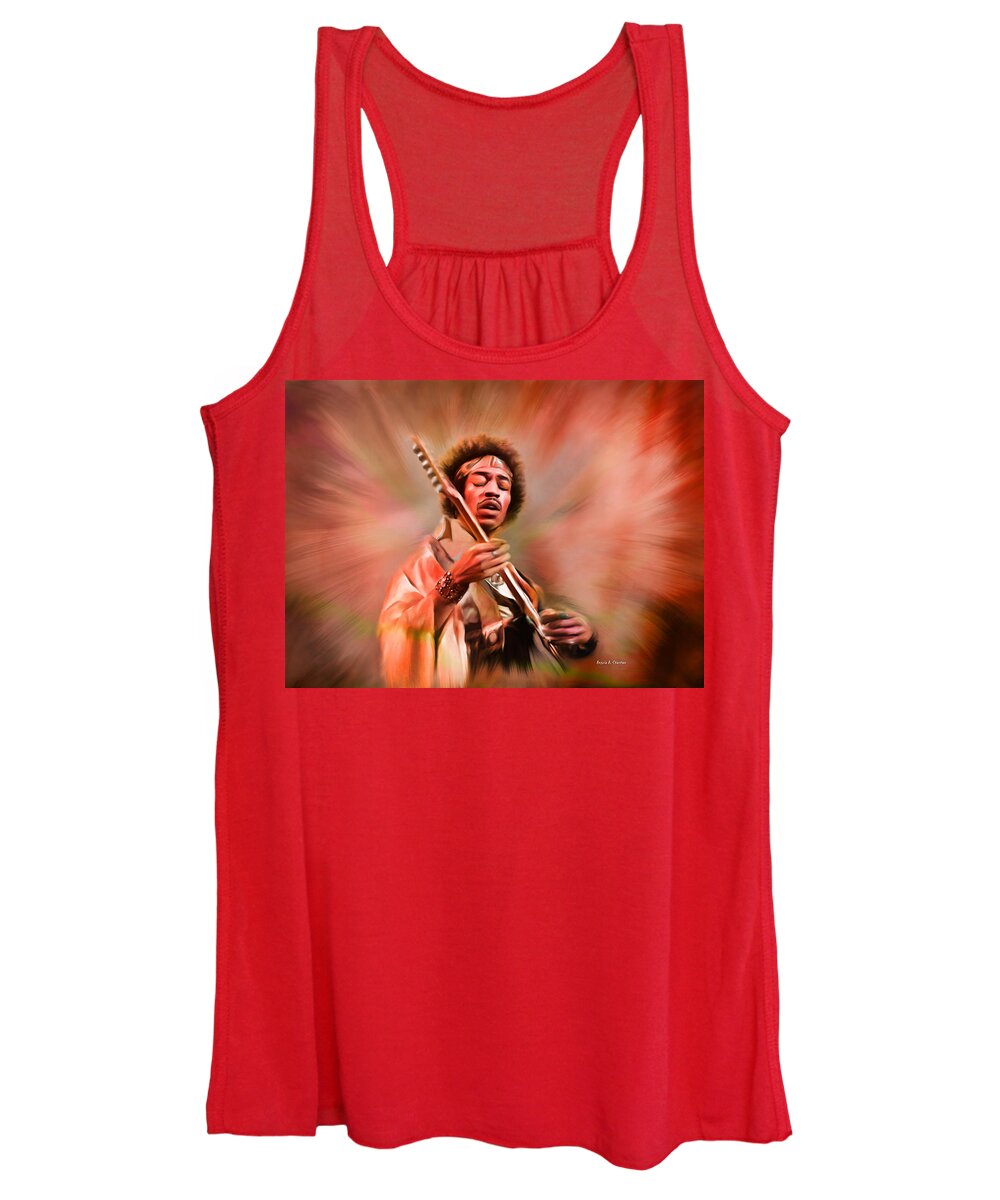 Jimi Hendrix Women's Tank Top featuring the painting Jimi Hendrix Electrifying Guitar Play by Angela Stanton