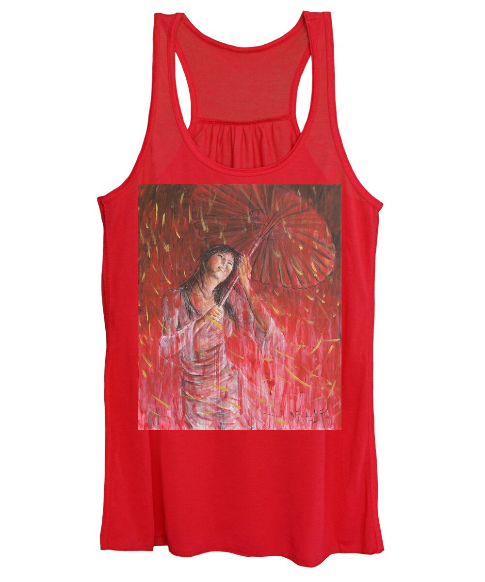 Red Women's Tank Top featuring the painting Red Geisha Rain Storm by Nik Helbig