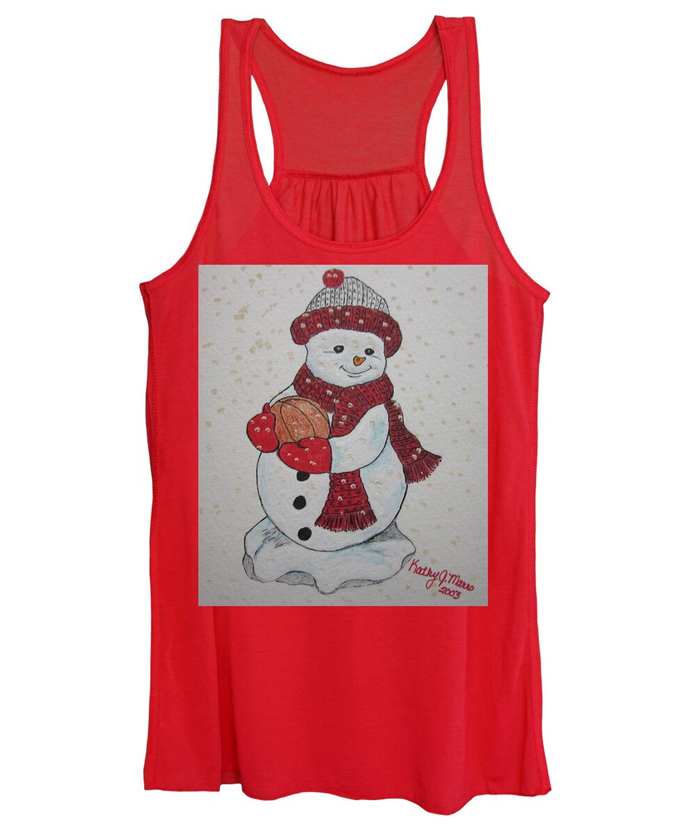 Snowman Women's Tank Top featuring the painting Snowman Playing Basketball by Kathy Marrs Chandler