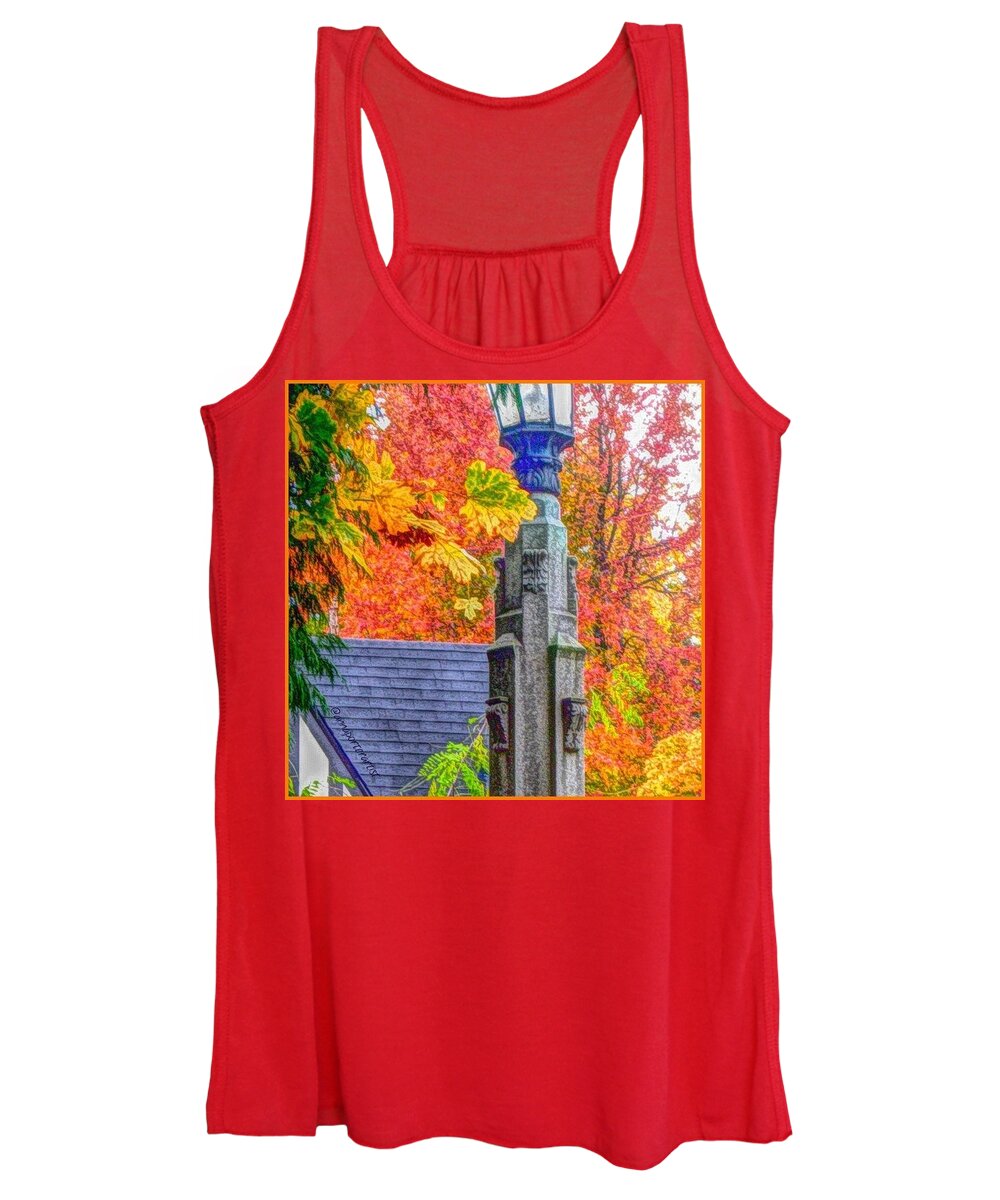 Perfectlandscapes Women's Tank Top featuring the photograph Street Lamp And Fall Foliage Lighting by Anna Porter