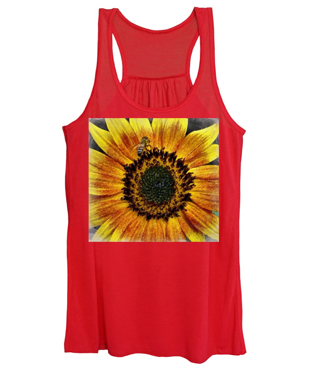 Sunflower With Bee. Beautiful Women's Tank Top featuring the digital art Sunflower and Bee by Joan Reese
