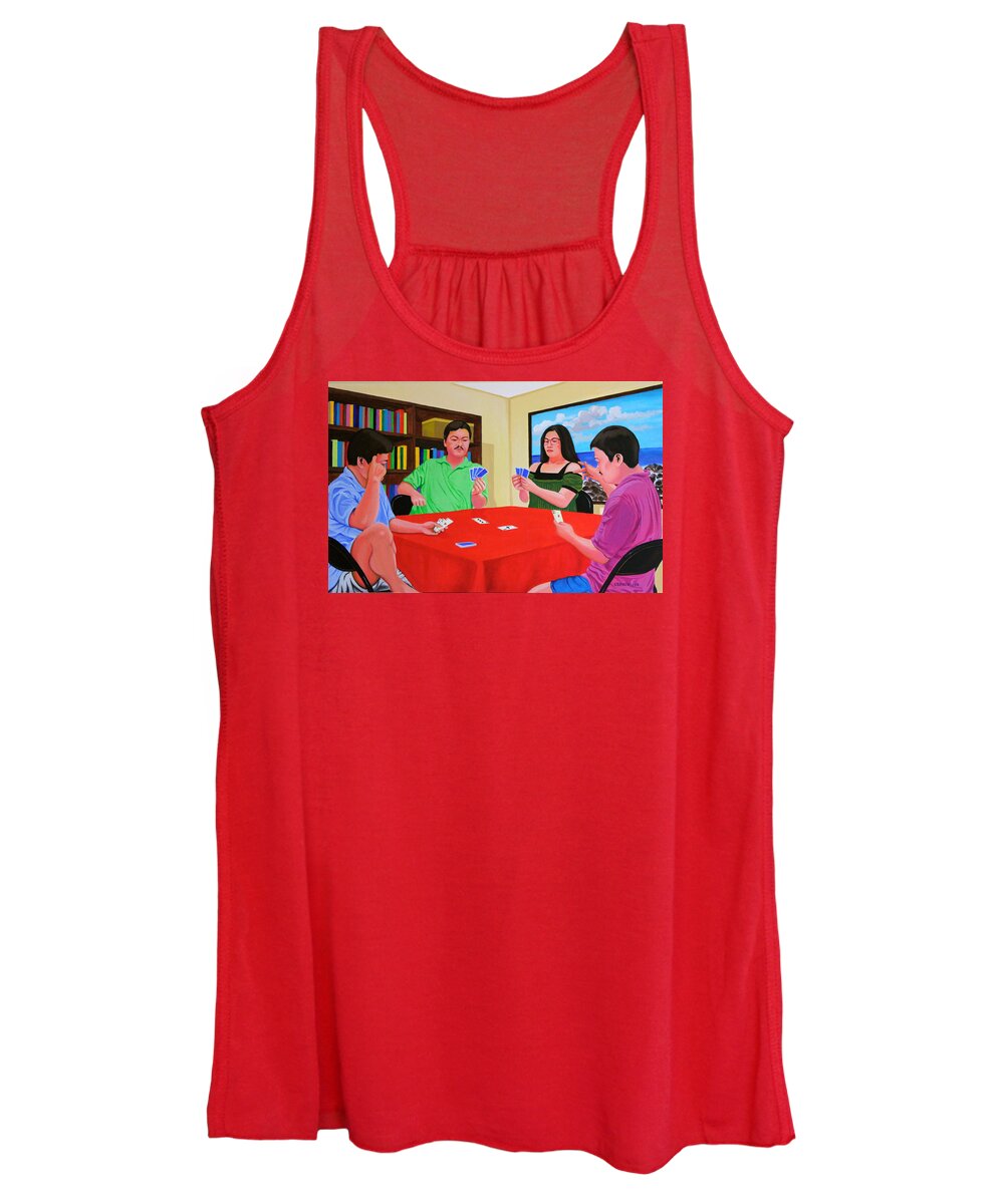 Men Women's Tank Top featuring the painting Three Men and a Lady Playing Cards by Cyril Maza