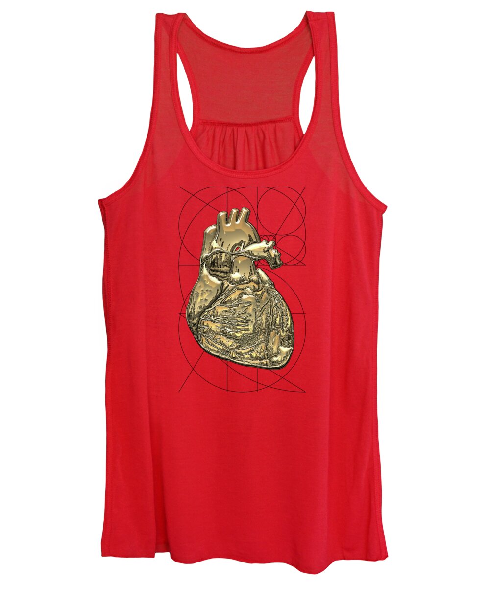inner Workings Collection By Serge Averbukh Women's Tank Top featuring the photograph Heart of Gold - Golden Human Heart on Red Canvas #1 by Serge Averbukh