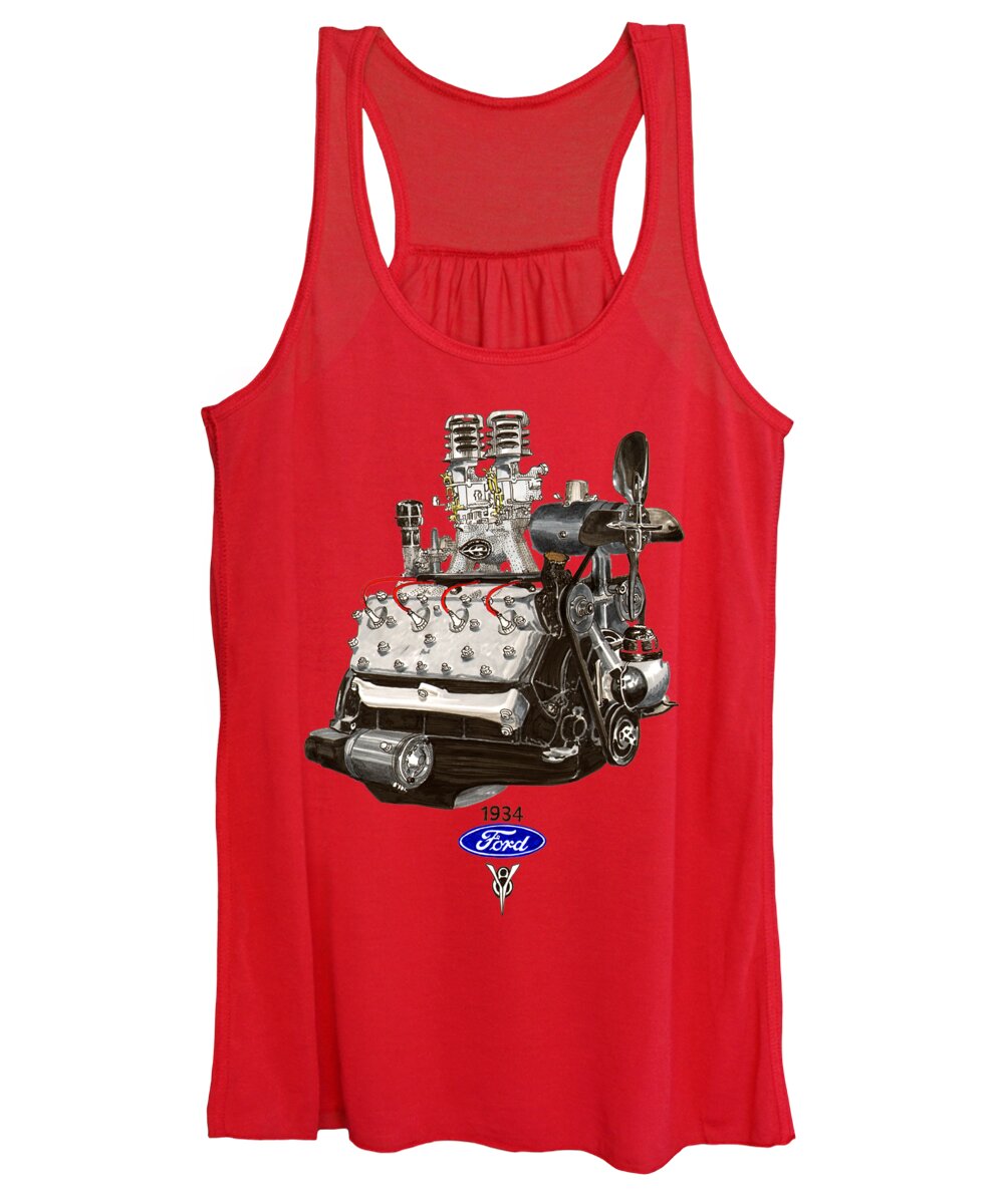 Flathead Ford V 8 Women's Tank Top featuring the painting 1934 Ford Flathead V 8 Tee Shirt by Jack Pumphrey