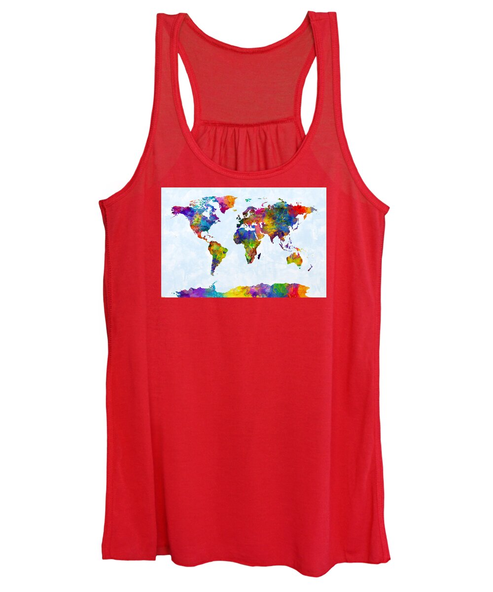 World Map Women's Tank Top featuring the digital art Watercolor Map of the World Map #3 by Michael Tompsett