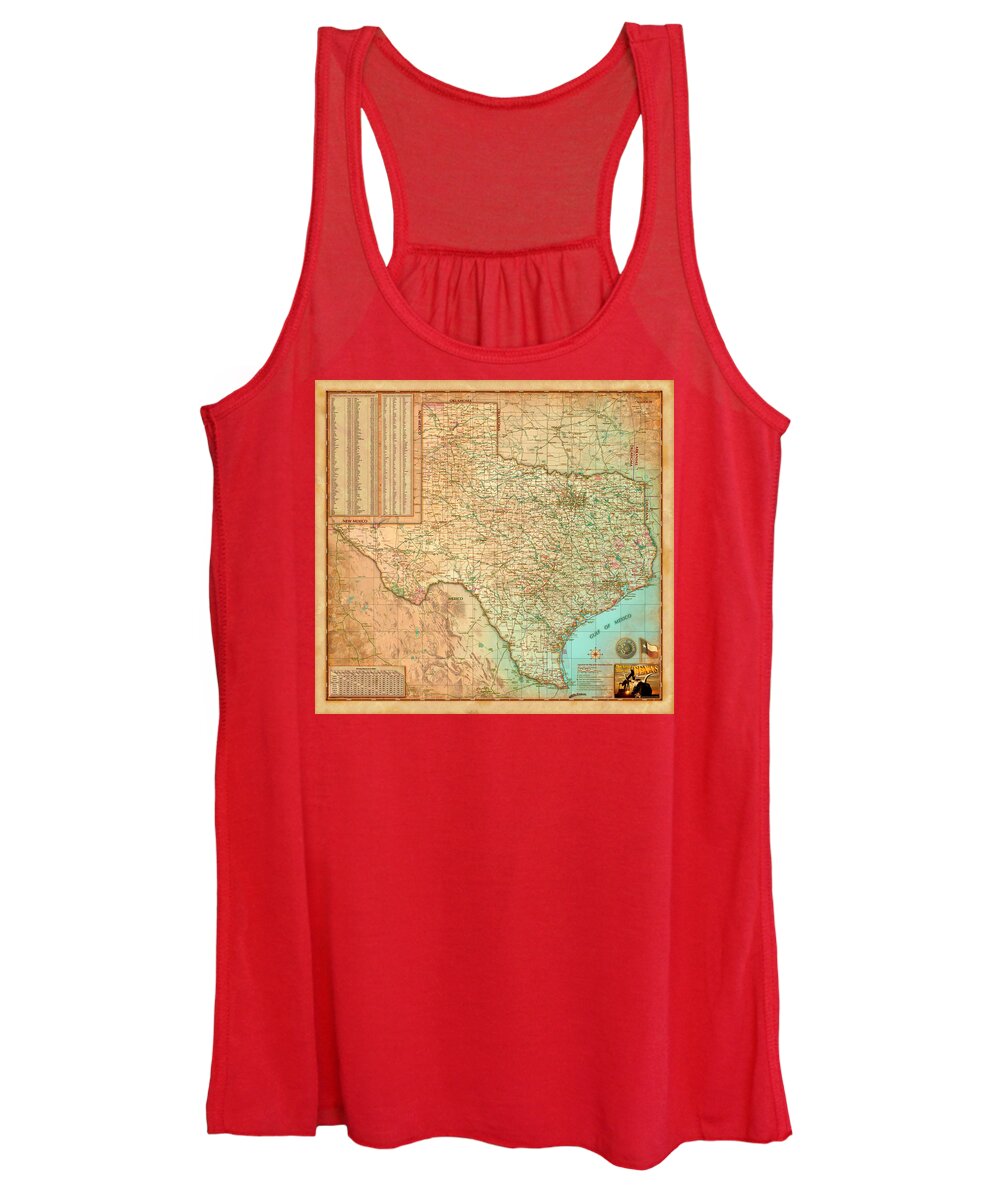 Texas Women's Tank Top featuring the digital art Antiqued Texas Wall Map by Compart by Texas Map Store