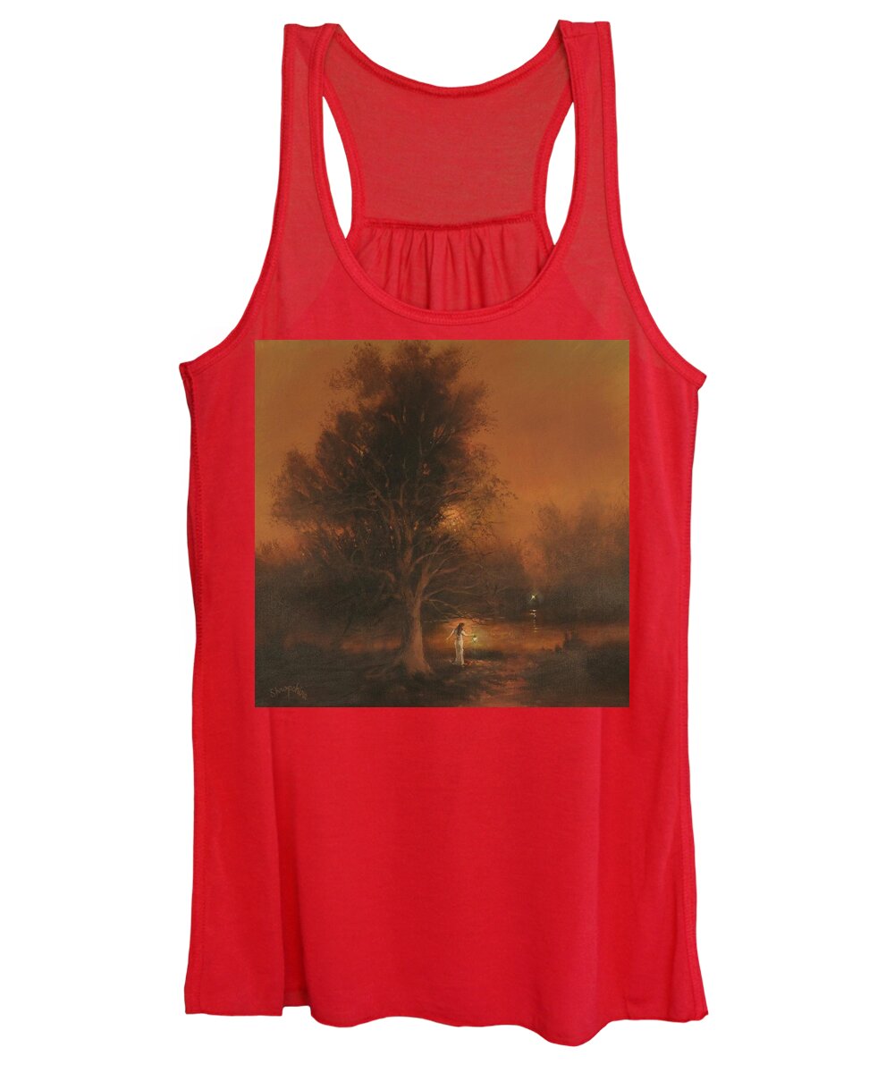 Twilight; Moody Landscape; Woman With Lantern; Tom Shropshire Painting; Atmospheric Landscape Women's Tank Top featuring the painting Assignation by Tom Shropshire