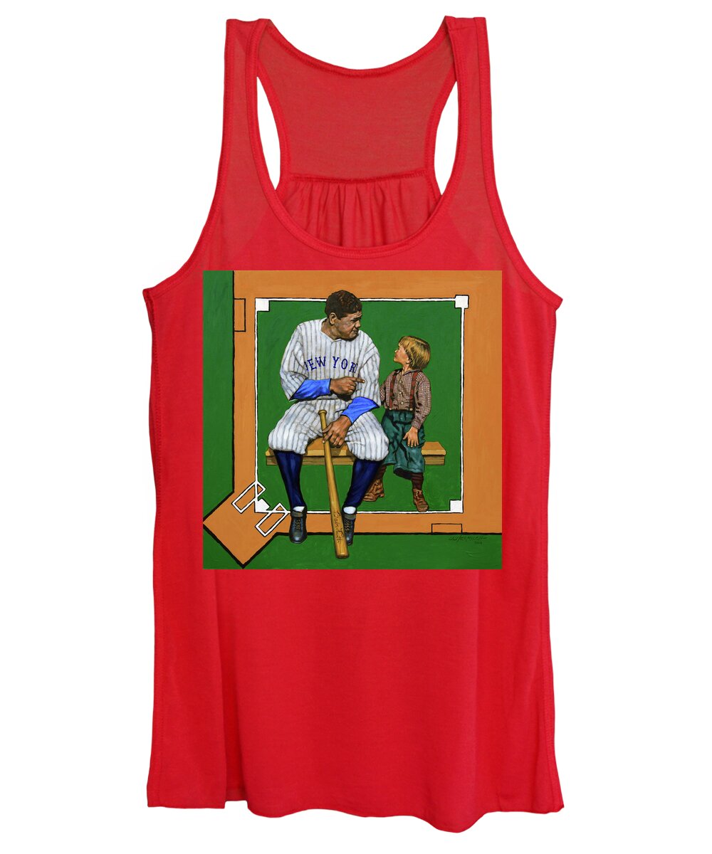 Babe Ruth Women's Tank Top featuring the painting Babe Ruth Talking Baseball by John Lautermilch