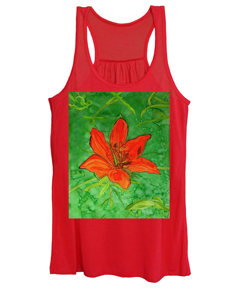 Landscape Abstract Nature Painting Inks Poster Summer Spring Flower Evolution Lily Women's Tank Top featuring the mixed media Bright Eyed Lily by Judy Huck