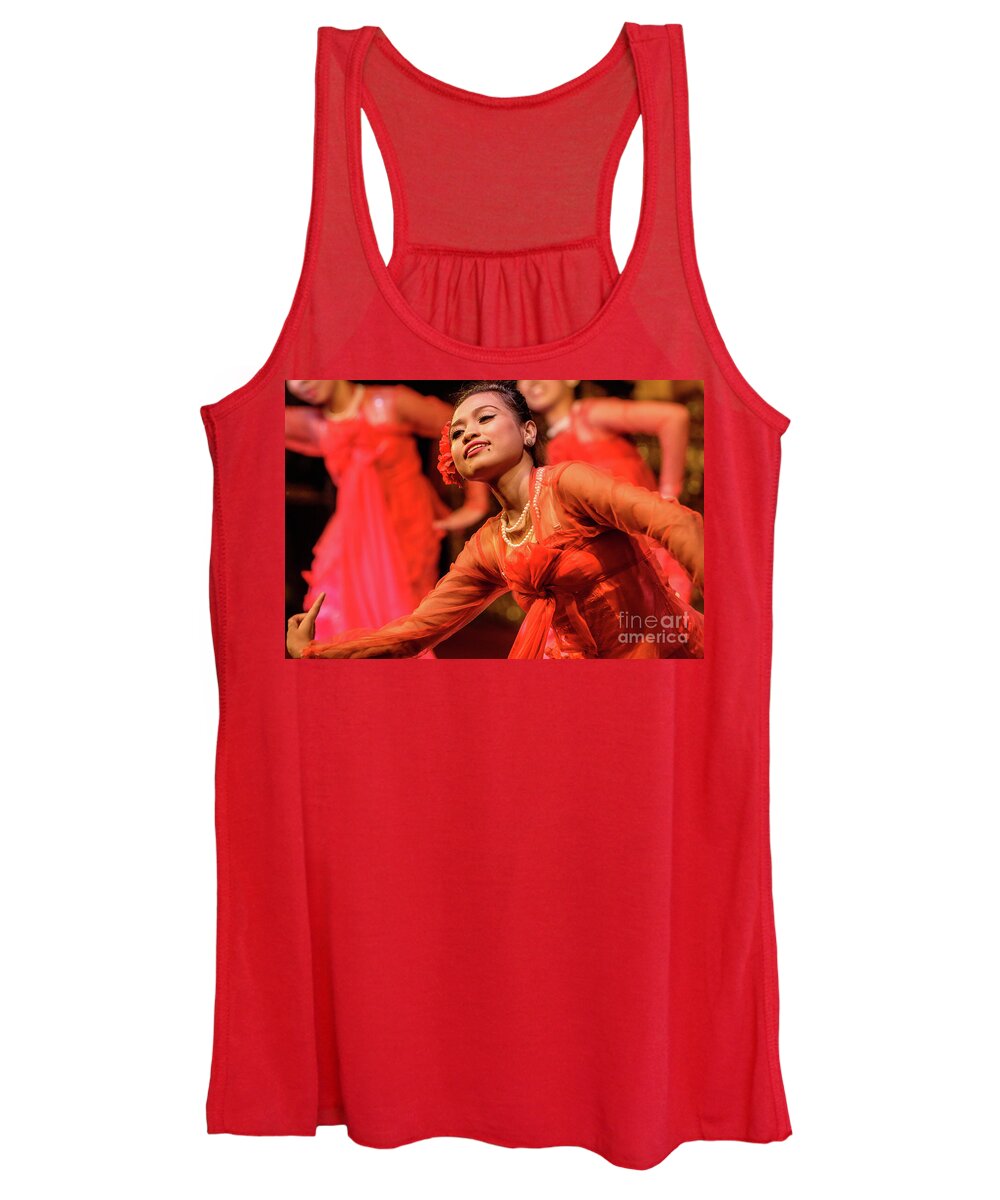 Dance; Ethnic; People;performer;performance;red;motion;movem Women's Tank Top featuring the photograph Burmese Dance 1 by Werner Padarin