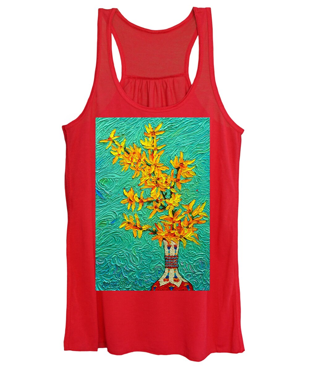 Spring Women's Tank Top featuring the painting Forsythia Vibration Modern Impressionist Flower Art Palette Knife Oil Painting By Ana Maria Edulescu by Ana Maria Edulescu