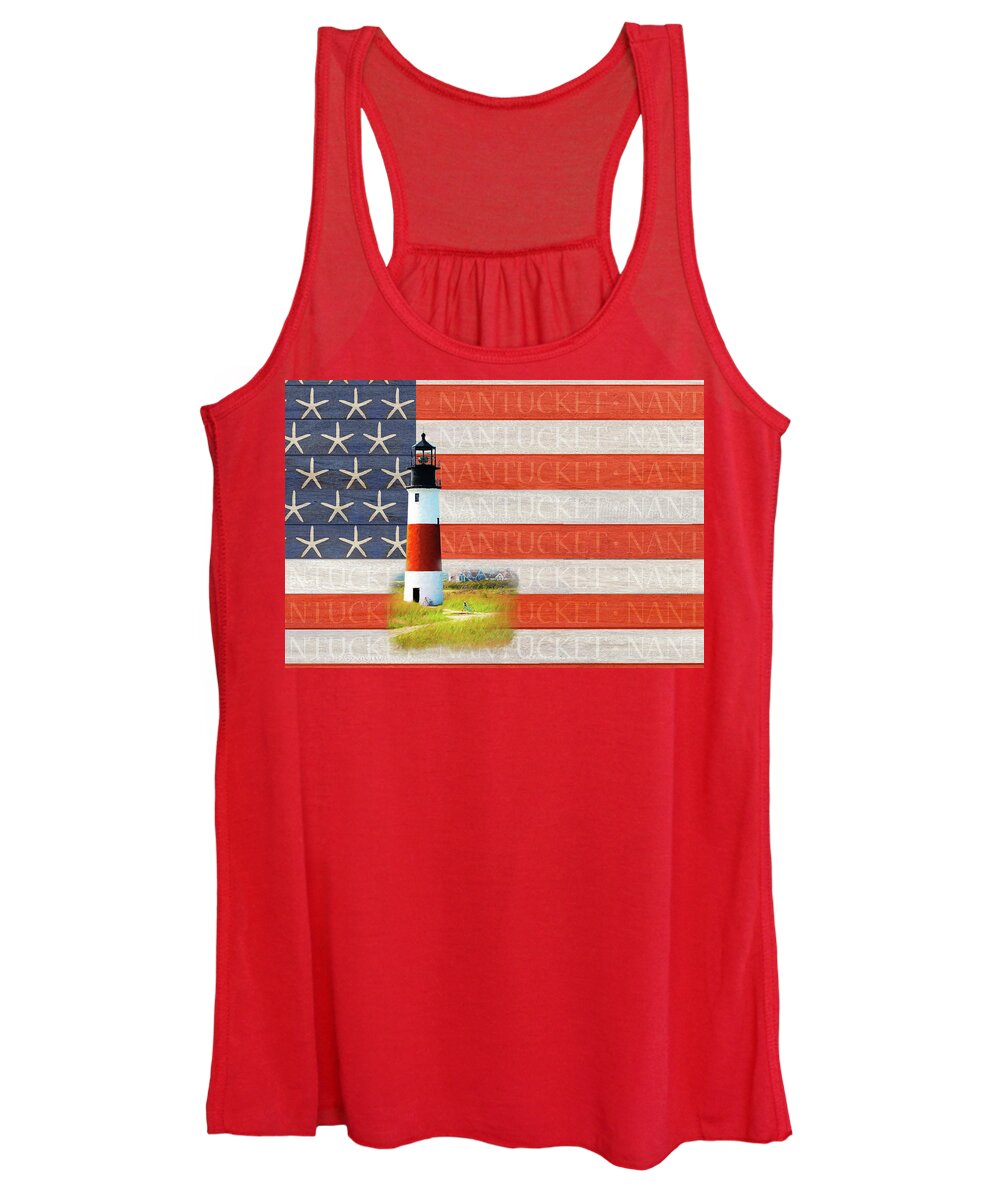 Nantucket Women's Tank Top featuring the digital art Nantucket Flag with Sankaty Lighthouse by Barry Wills