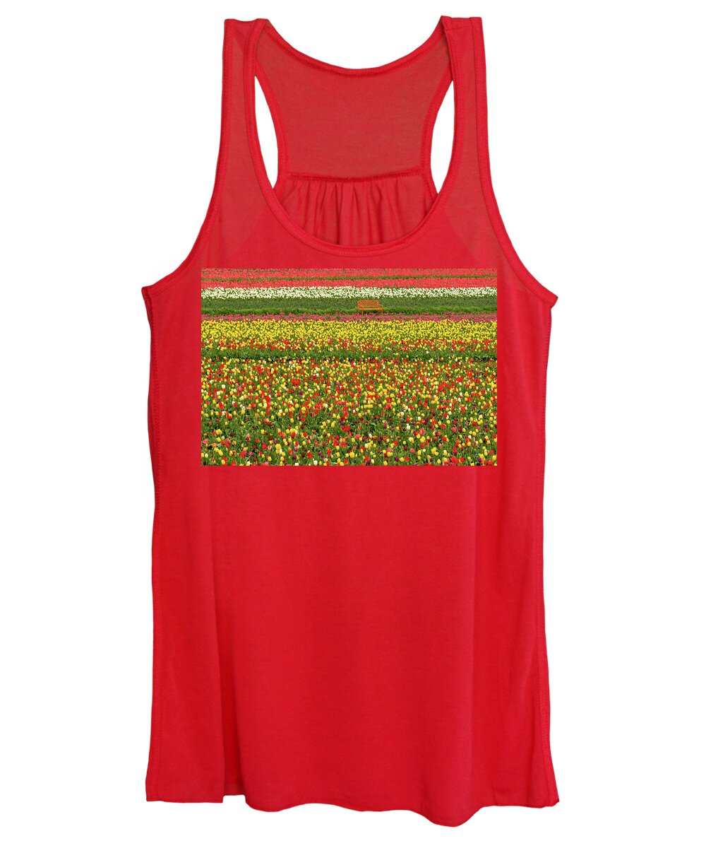 Tulips Women's Tank Top featuring the photograph Orange Bench on A Tulip Field by Aashish Vaidya