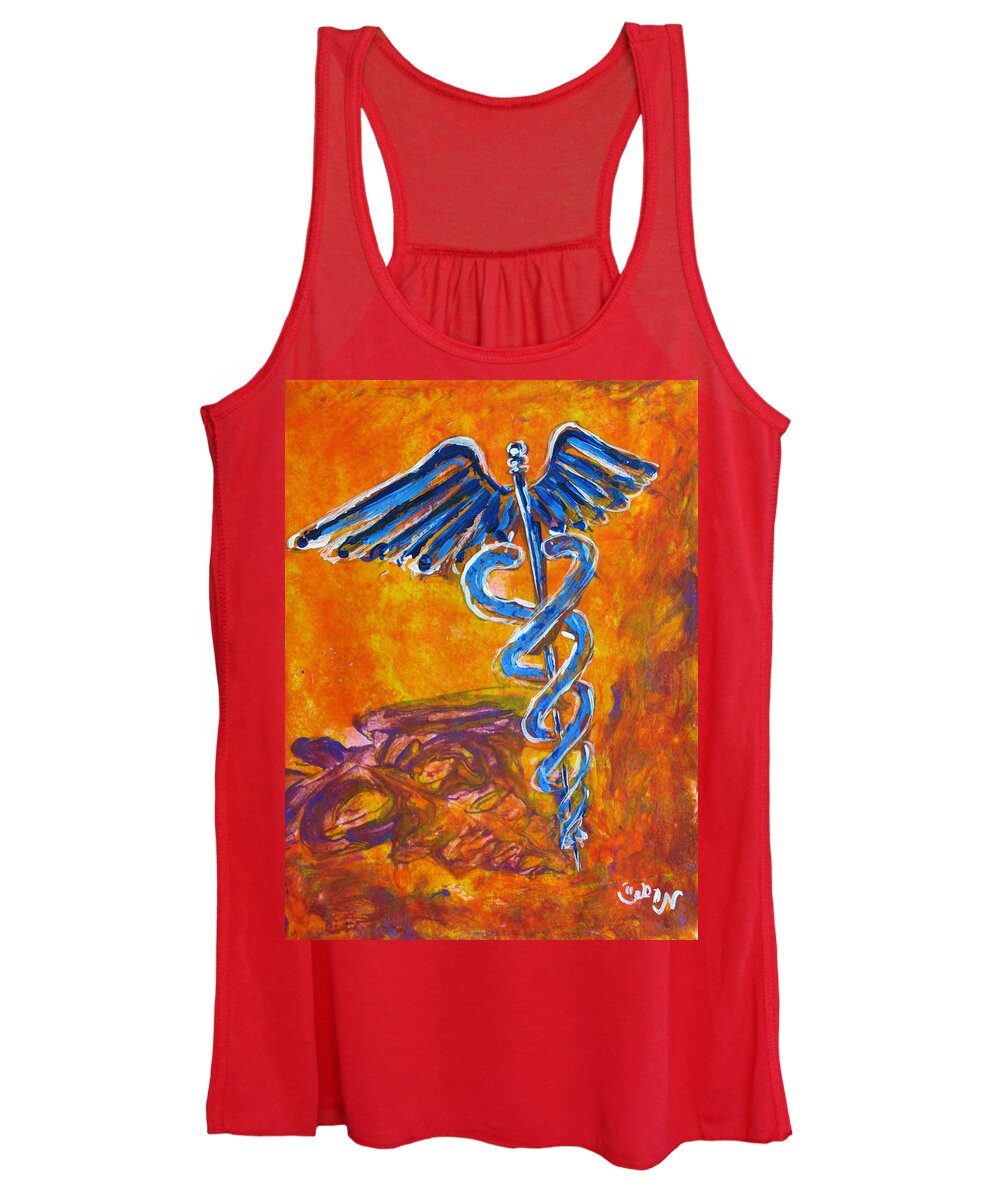 Medical Women's Tank Top featuring the painting Orange Blue Purple Medical Caduceus thats Atmospheric and Rising with Mystery by M Zimmerman