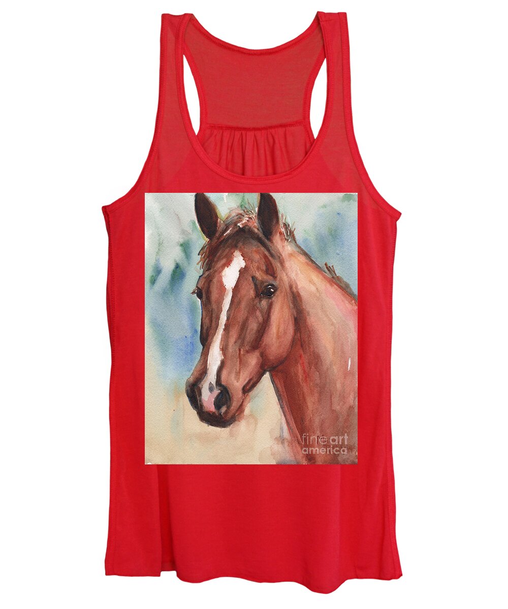Red Horse Painting In Watercolor Women's Tank Top featuring the painting Red Horse In Watercolor by Maria Reichert