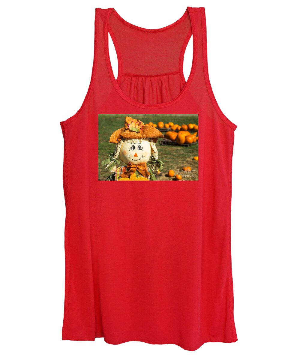Scarecrow Women's Tank Top featuring the photograph Smiling Scarecrow with Pumpkins by Imagery by Charly