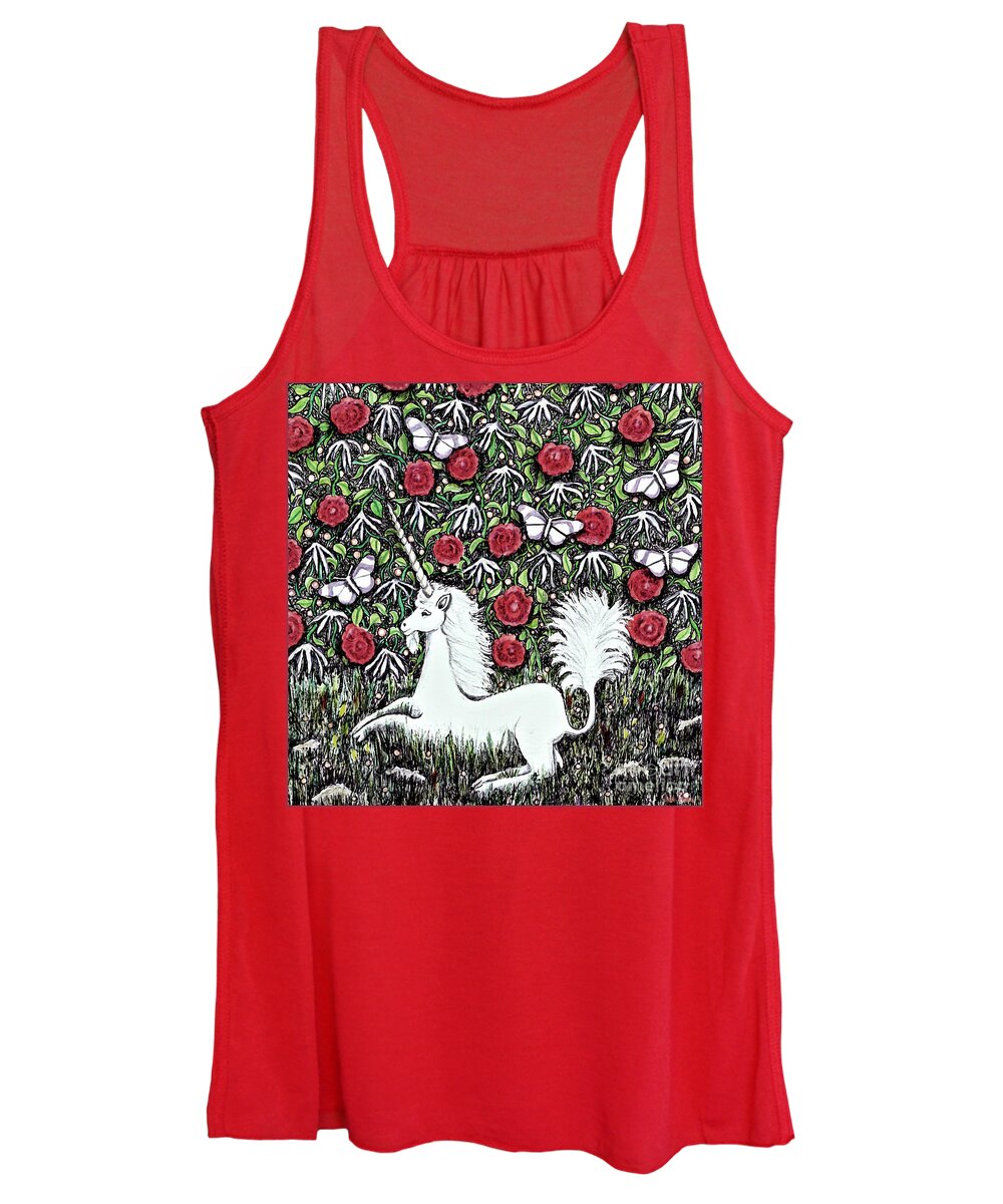 Lise Winne Women's Tank Top featuring the digital art Unicorn with Red Roses and Butterflies by Lise Winne