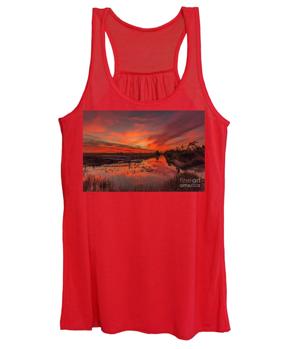 Sun Women's Tank Top featuring the photograph Explosive Sunset at Pine Glades by Tom Claud
