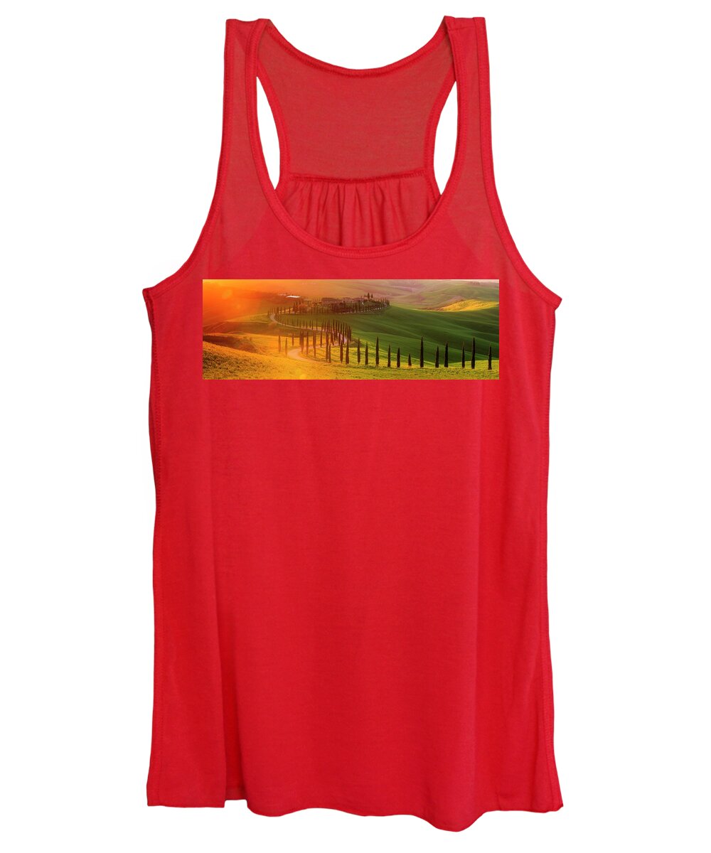 Tuscany; Villa; Green; Hills; Italy; Belvedere; Val D'orcia; Cypress; Trees; Beautiful; Countryside; Sunset; Rolling; Italia; Toscana; Rob Davies; Robert Davies; Landscape; Gold; Sun; Flare; Lens Flare; Panorama; Gladiator; Location; S Shape; Road; Classic Women's Tank Top featuring the photograph Golden Tuscany II by Rob Davies