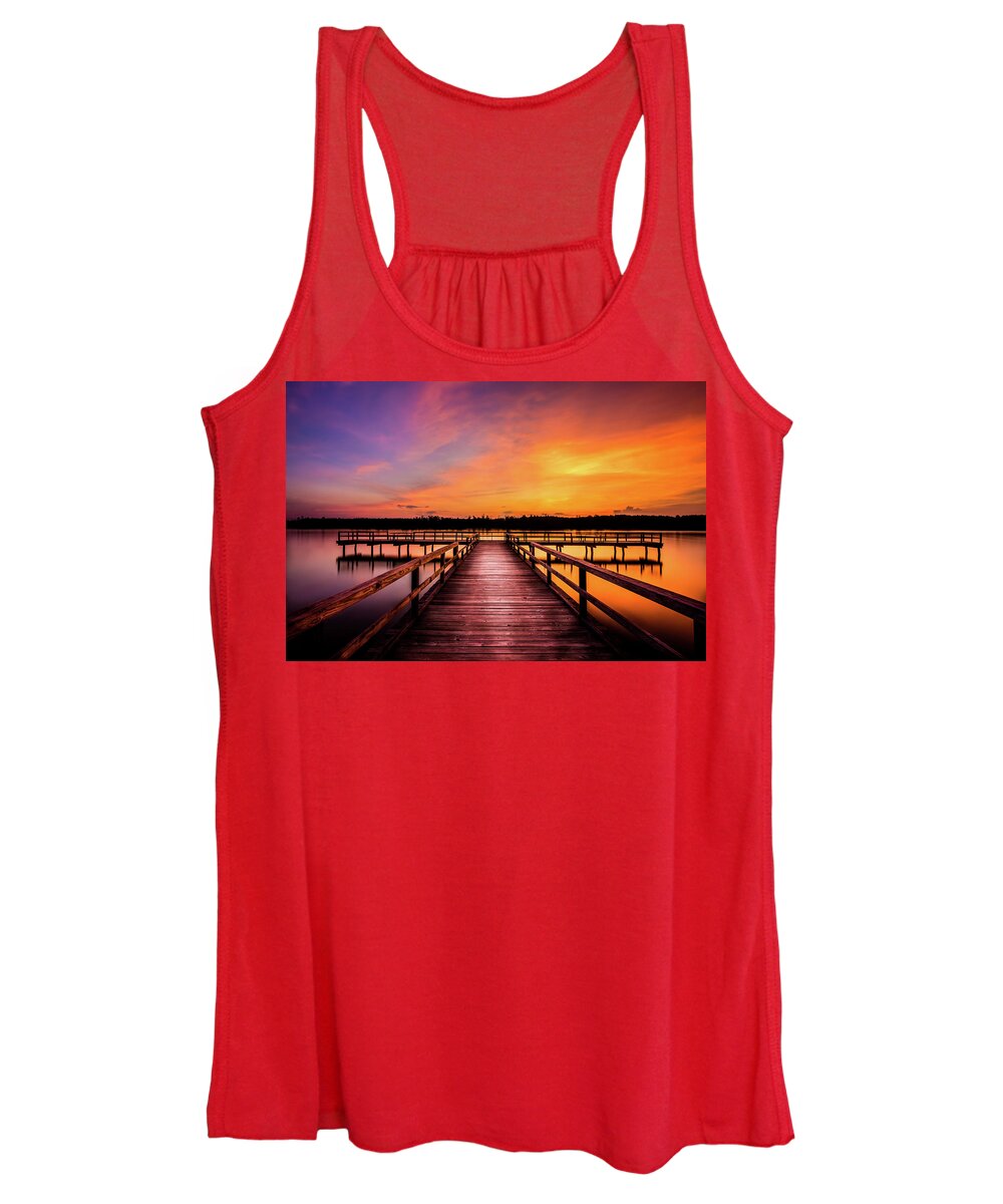 Lake Women's Tank Top featuring the photograph Pier At Sunset by Jordan Hill