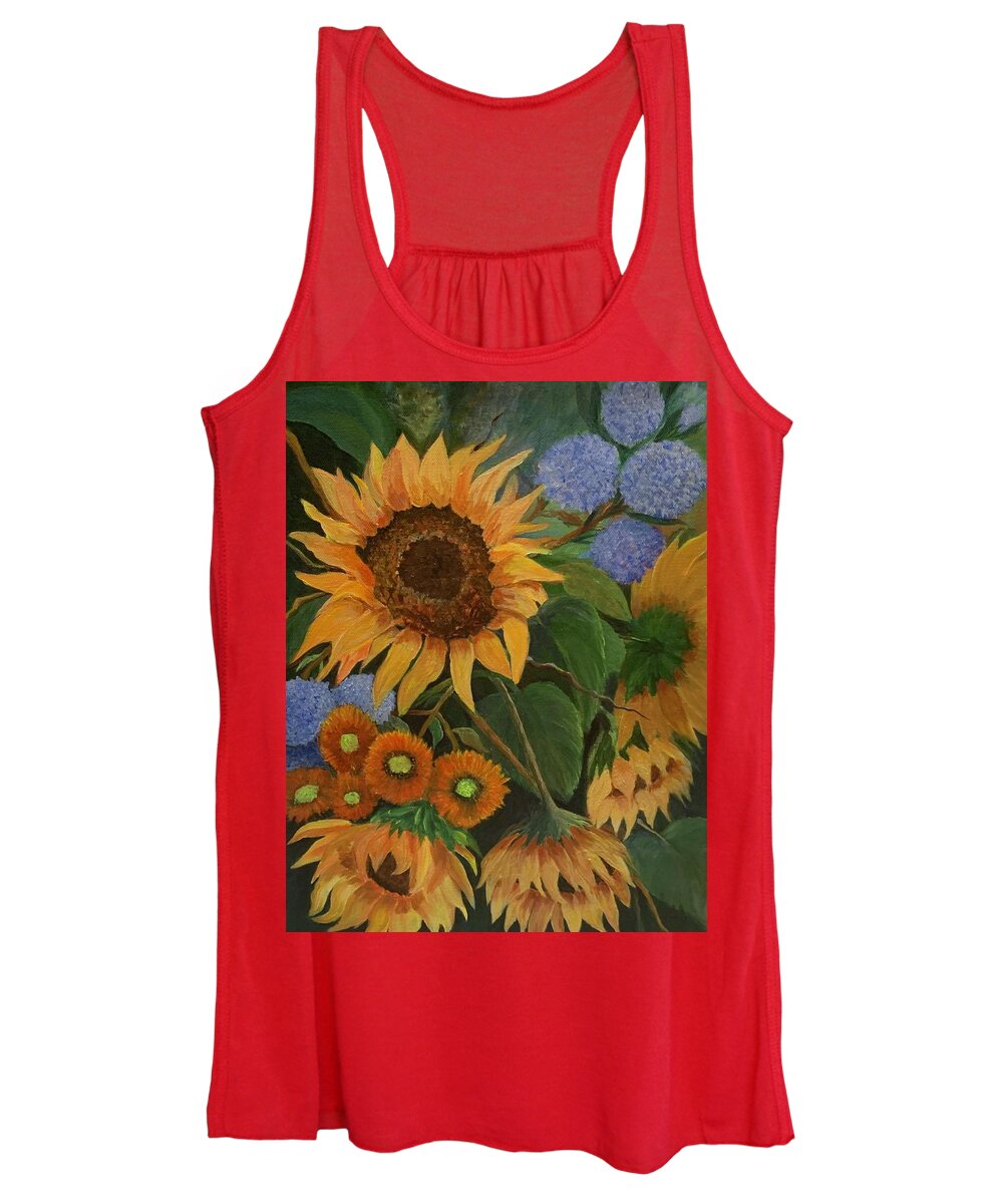 Sunflowers. Large Leaves Women's Tank Top featuring the painting Sunflowers in my Garden by Jane Ricker