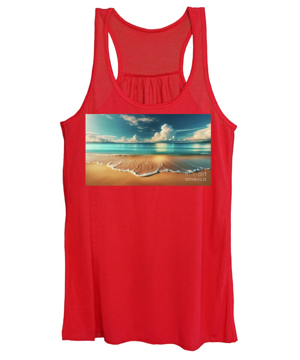  Beach Women's Tank Top featuring the digital art A serene beach with golden sands, turquoise waters by Odon Czintos